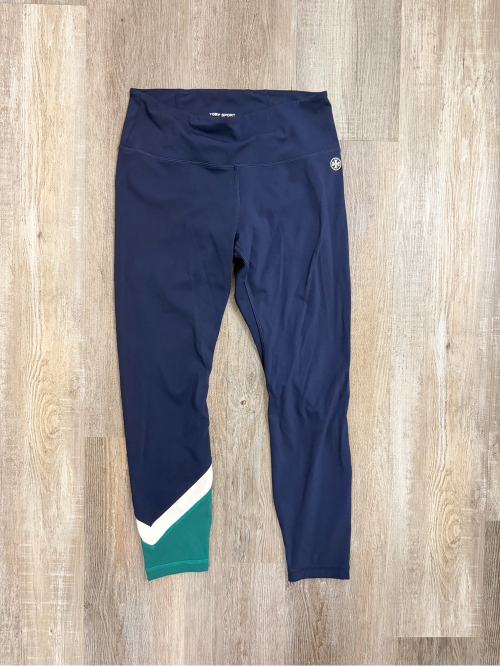 Tory Sport Navy Leggings with Teal & White Chevron Hem, size Large